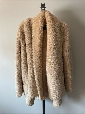 GUESS Faux Fur Teddy Fleece Open Front Cardigan Jacket Coat Oversized Cream XS